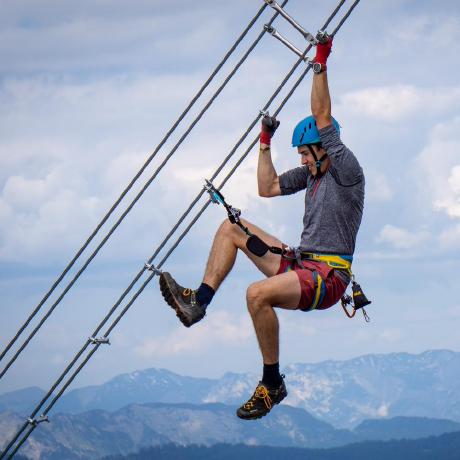 Me hanging down the 'Himmelsleiter' on the Donnerkogel ferrata.